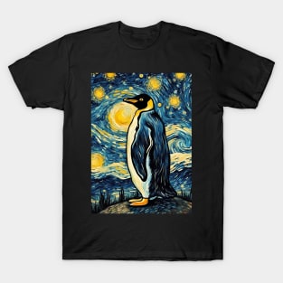 Cute Penguin Animal Painting in a Van Gogh Starry Night Art Style T-Shirt